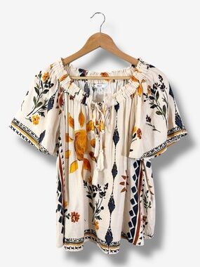 Next Floral Print Linen Blend Top Size US 8 Cream Sunshine Boho Off Shoulder
